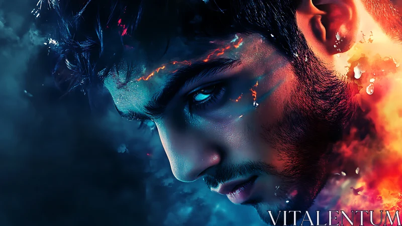 Intense male portrait in blue and fiery abstract effects.
