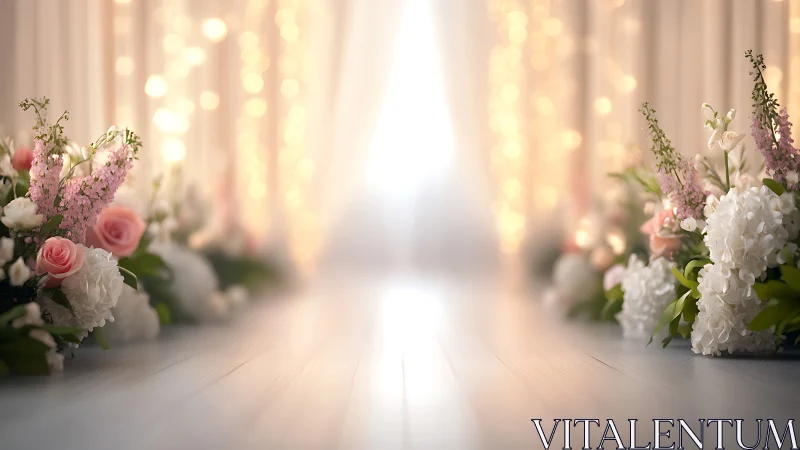 Soft floral aisle decor with blurred warm lights background.