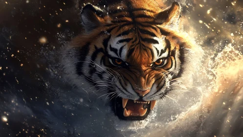 Snarling tiger head bursting through swirling water spray.