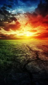 Digital painting of divided earthscape under prismatic sky.