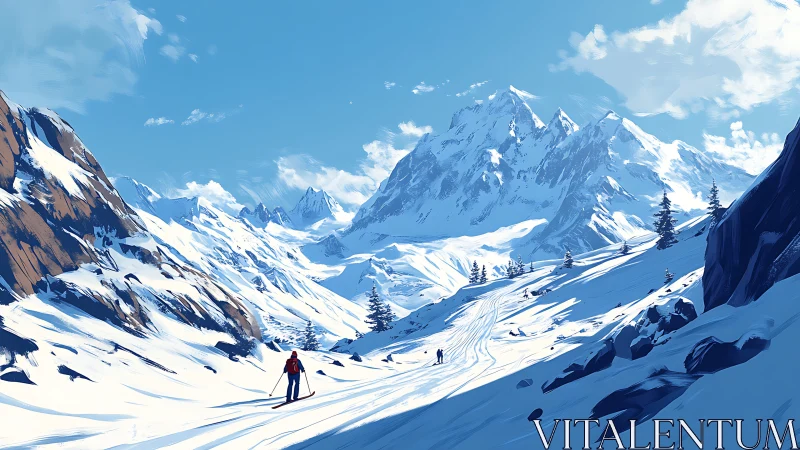 Skier moves through wide snowy valley beneath distant peaks