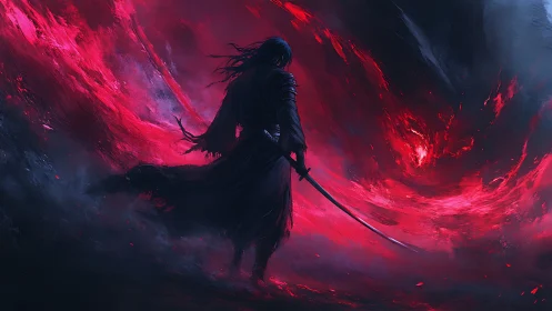 Dark samurai stands in swirling red energy storm.