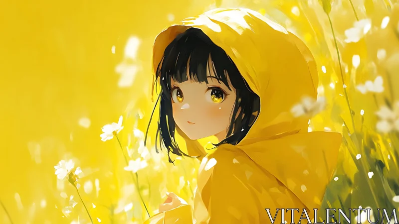 Anime portrait in yellow hooded coat with luminous meadow field.