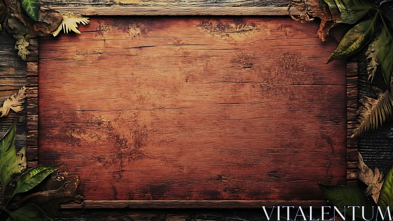 Weathered wooden board framed by rustic leaves and bark.