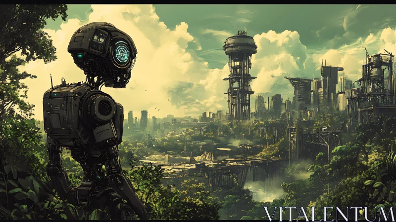 Curious robot quietly studies a lush futuristic city skyline
