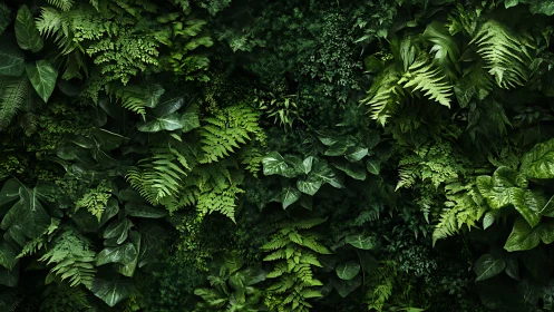 Dense vertical foliage panel displays layered green plant forms