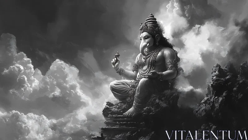 Monochrome divine figure seated amid volumetric storm clouds.