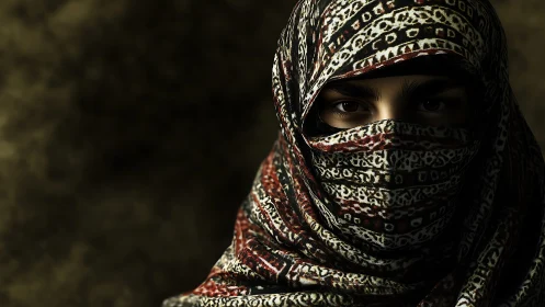 Warm eyes wrapped in patterned scarf invite quiet connection.