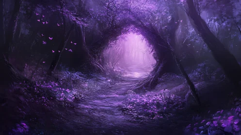 Cavern passage with purple luminescence and botanical elements