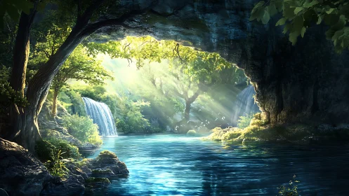 Sunlit forest pool viewed from shaded rock cavern opening.