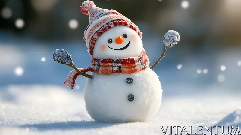 Smiling snowman in winter snow with red hat and scarf.