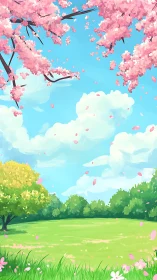 Cherry blossoms frame bright spring meadow under clouds