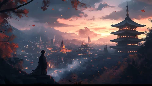 Twilight monk overlooking lantern‑lit mountain pagoda city.