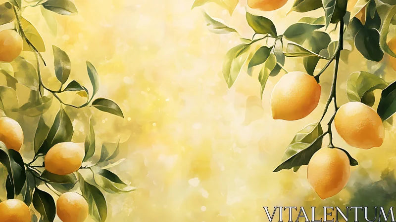 Lemon branches in diffuse bokeh light, botanical digital study.