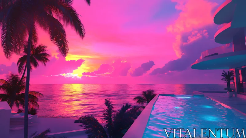 Neon sunset poolside escape over glowing tropical sea.