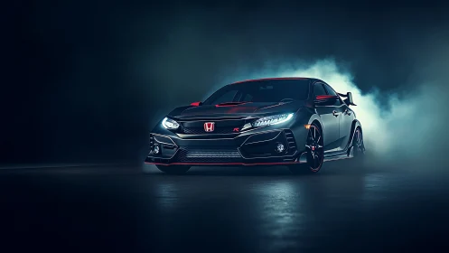 Honda hot hatch in low key studio lighting with tire smoke