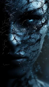 Shattered blue visage emerges through dark, electric webbing