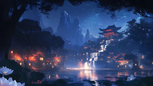 Moonlit temple above cascading waterfalls in forest valley.