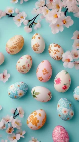 Gentle spring blossoms surround softly painted Easter eggs