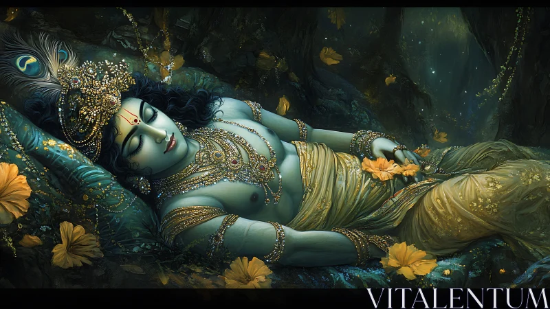 Divine blue-hued deity resting in jeweled forest nocturne