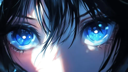 Iridescent blue anime eyes under high contrast rim light.