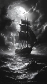 Sailing ship under full moon on rough monochrome sea.