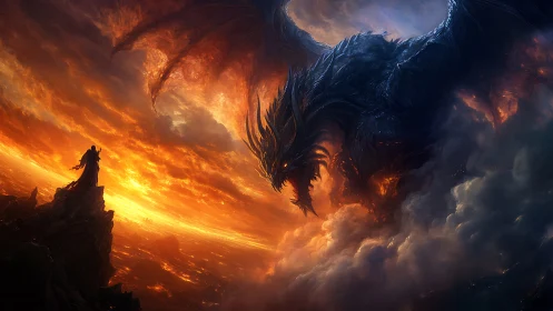 Colossal ember-lit dragon confronts lone figure above volcanic clouds