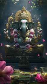 3D rendered Ganesha idol on ornate golden throne with lotus pool