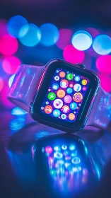 Smartwatch close-up under neon blue and pink lighting.