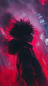 Silhouetted figure stands in neon red urban rainfall