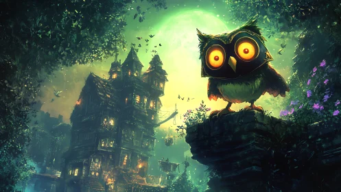 Glowing eyed owl watches a whimsical forest manor at night