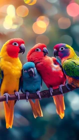 Chromatic parrot quartet on branch with bokeh field.