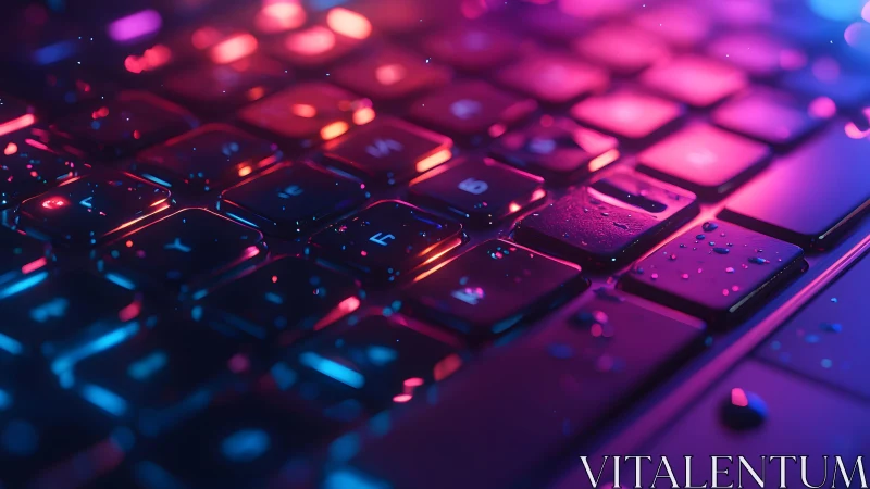 Close-up of Wet Keyboard with Neon Lighting, Futuristic Style.