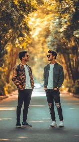 Two men in streetwear under golden tree canopy, shallow depth