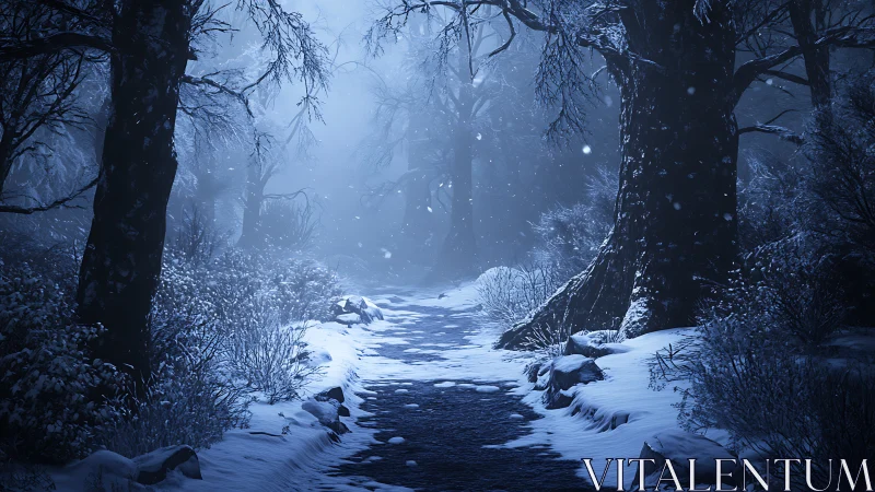 Snow covered forest path in cold blue winter light.