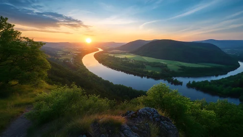 Golden river sunset over peaceful green valley view.