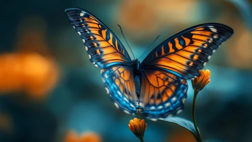 Vibrant orange and blue butterfly on blurred garden flowers.