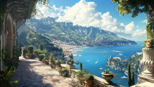 Terrace overlooks coastal town, harbor and steep green mountains