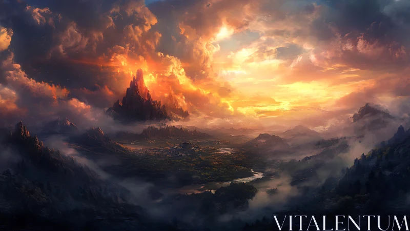 Fiery fantasy citadel rises above misty valleys at sunset
