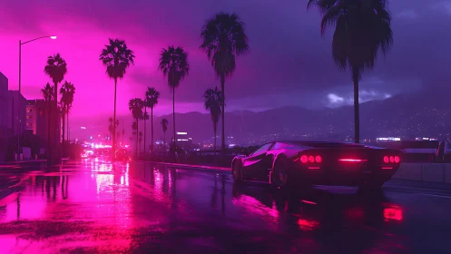 Neon illuminated sports car on wet palm lined city road.