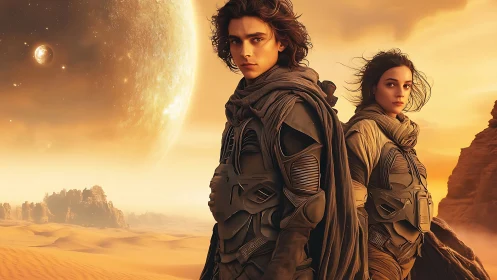 Desert-clad travelers in armored suits under colossal ringed planet