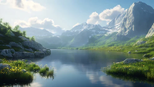 Peaceful mountain lake cradled by sunlit peaks and flowers.