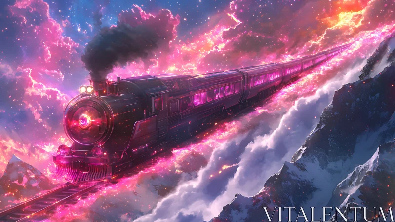 Celestial steam train cuts through luminous nebula sky.