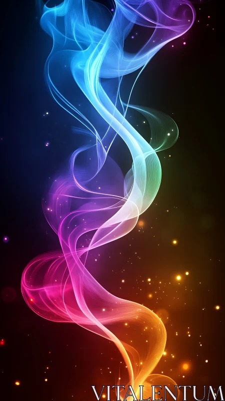 Digital painting of luminous multicolor ribbon plumes on black.