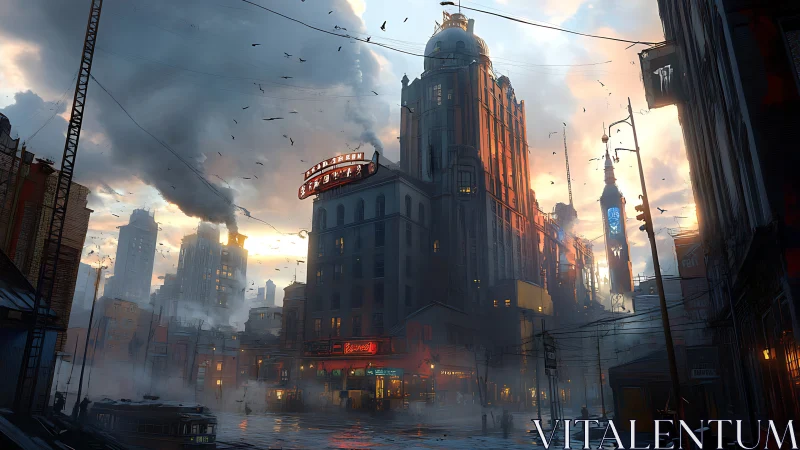 Sunlit towers rising over a misty, buzzing city street.