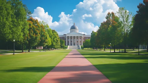 Central campus lawn aligned to domed academic building