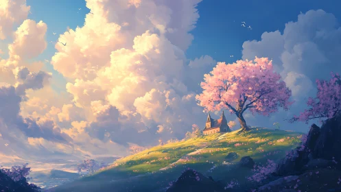 Sunlit cherry hilltop frames tranquil countryside chapel.