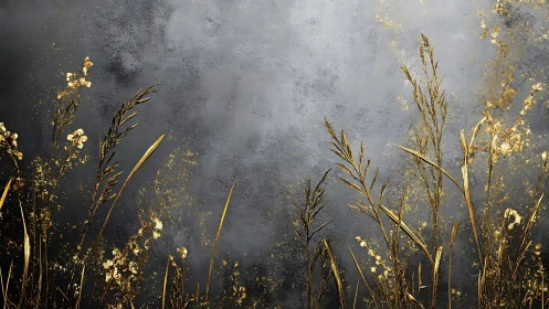 Gold botanical silhouettes on textured dark gray background.