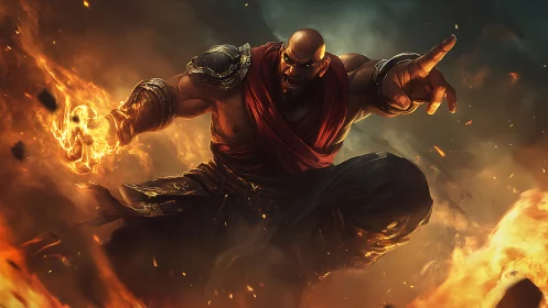 Fire-wielding warrior lunges through molten battlefield haze.