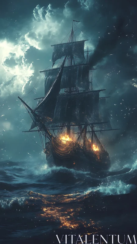 Storm-tossed ghost galleon drags burning dawn across waves